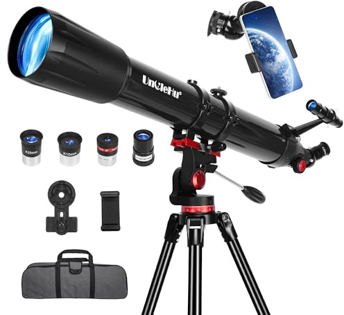 UncleHu Telescopio para Astronomía Adultos Principiantes, 36X-450X, 90mm Apertura 900mm Refractor Profesional Portátil Telescopios Astronómicos con Trípode&Adaptador para Teléfono&Bolsa de Transporte