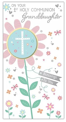 First Holy Communion Card for Granddaughter, Floral Design with Cross, 12 x 22 cm