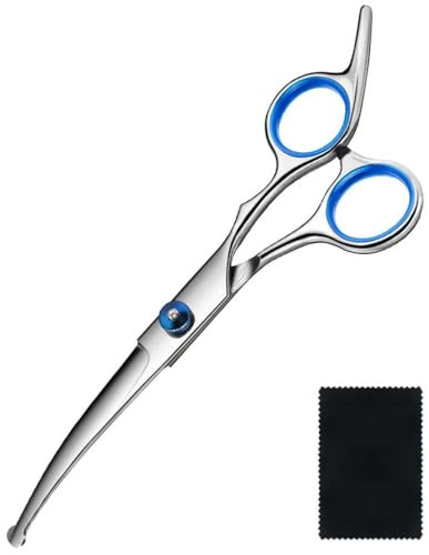 Hundeschere Gebogen und Reinigungstuch 2 in 1, Fellschere Hunde, 4CR 6.7in Profi Edelstahl Schere Hundehaare Schneiden Runde Grooming Hundeschere, Pfotenschere Gebogene Schere für Hunde und Katzen