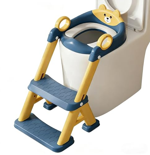 Toilettentrainer für Kinder für Jungen und Mädchen, 2 in 1 Kind Toilettensitz mit Treppe, Spritz und Rutschfestes Trittbrett, 6-stufig höhenverstellbar, PP/TPR/PVC Material，54 x 35 x 20 cm (Blau Gelb)