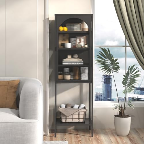 LLGWGL 5-stegs glas-monter liten – modernt bokhylla förvaringsskåp med välvd glasdörr metallram 3 justerbara hyllor för vardagsrum kök hemmakontor, H 160 x B 50 cm, svart