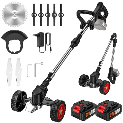 Decespugliatore a Batteria 21V, Tagliabordi a Batteria Pieghevole con 2 Batterie 3,0Ah, 3 Tipi di Lame, Pieghevoli, Testa Regolabile a 90° e Manico Telescopico per Giardinaggio e Potatura