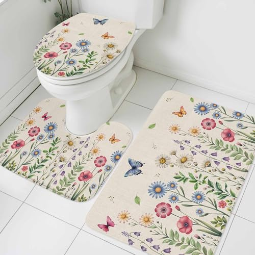 Juego De 3 Alfombrillas De Baño Flower Primaverales Flower Rosas Y Azules Mariposa Rústico Juego De Alfombrillas De Baño Lavable Alfombras De Cama, para Cocina, Bathroom, Dormitorio