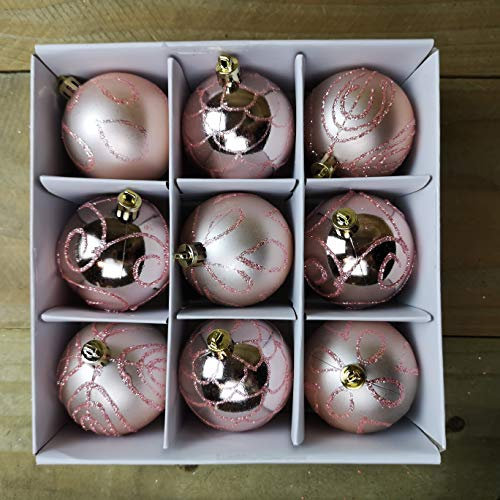 Confezione da 9 palline per albero di Natale in oro rosa, 5 cm, motivo a spirale glitterato, decorazioni natalizie