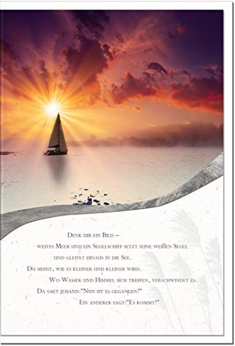metALUm Trauerkarte B6 Doppelkarte Klappkarte ohne Innentext mit weißem Umschlag – Motiv Segelschiff im Sonnenuntergang – Denk dir ein Bild