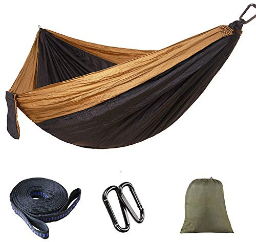 Sunshine post Camping Double Tree Hammocks - Outdoor Indoor Beach Accessories Backpacking Survival & Travel, Straps & Steel Carabiners Portable (Brown & Black)