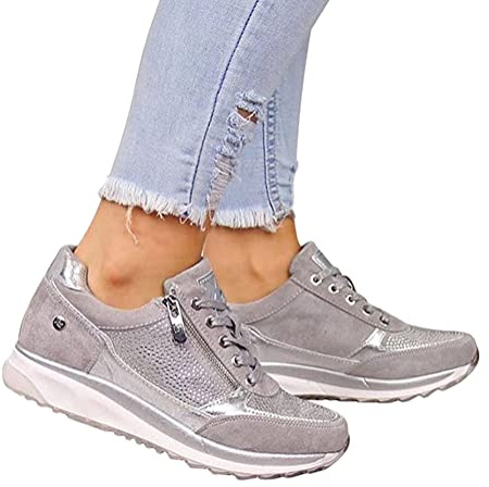 shownicer Mujer Zapatos Deportivos Planas Ligero Sneakers Respirable Running Sneakers Casuales Cordón Fitness Gimnasia Zapatillas Gris 42 EU