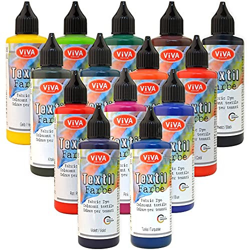 Viva Decor Fabric dye Textilfarbe Set 14 x 90 ml (Komplett) Tie dye, Färbemittel Textilien, Stofffarben Waschfest, Textilfarbe Batikfarben waschmaschinenfest für Kinder und Erwachsene