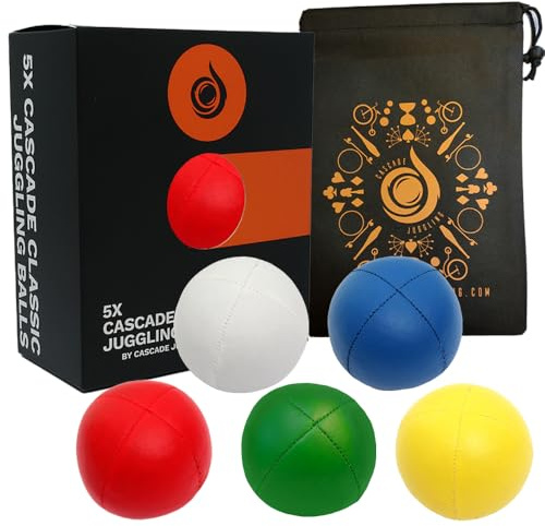 Cascade Juggling 5 x Pro 115g Cascade Classic Juggling Balls - Thud Juggling Balls & Bag - Set of 5 (Red, Blue, Green, Yellow, White)