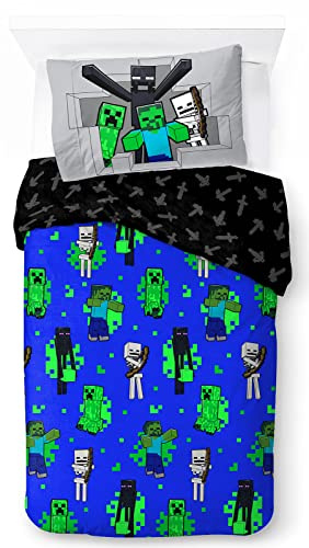 Jay Franco Kids Minecraft Duvet Cover Set – 100% Cotton Super Soft Bedding with Pillowcase, Official Licensed Product, Green, 2 Piece Single