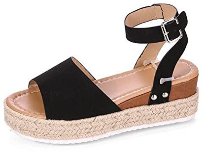 Sandalias de cuña de alpargata para mujer, puntera abierta, plataforma de tiras, zapatos casuales de verano para estudiantes (Color: Negro, Tamaño: 6.5 UK)
