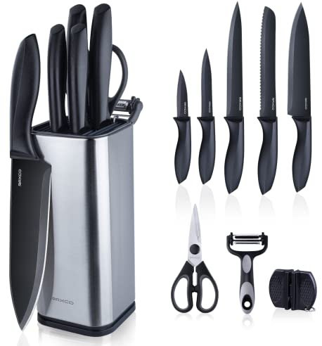 RAXCO Knife Set with Block,10-Piece Kitchen Knives Stainless Steel,Pro-sharpened for Cooking,Slicing,Mincing,Dicing,Black