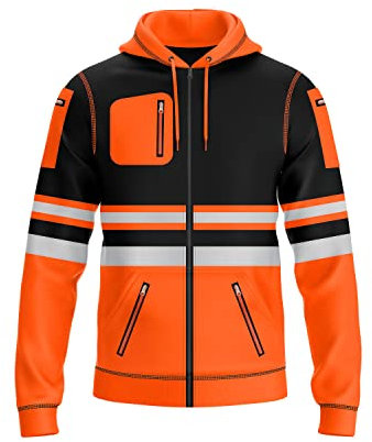 trending babz Mens Hi Vis Pullover Hoodie Reflective Tape Safety Work Drawstring Multi Zipped Pockets High Viz High Visibility Hoodie Sweatshirt