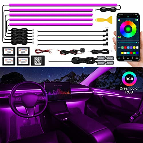 Acrylic Interior Car LED Strip Light with Wireless APP, RGB 14 in 1 with 175 inches 593 LEDs Fiber Optic Ambient Lighting Kits, 16 Million Colors Sound Active Function Car Neon Lights