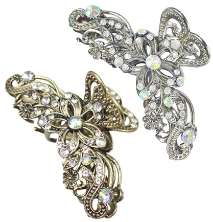 Juego de 2 horquillas para el pelo vintage con brillantes brillantes para mujer, estilo retro, antideslizantes, accesorios de moda para niñas y mujeres (oro, plata)