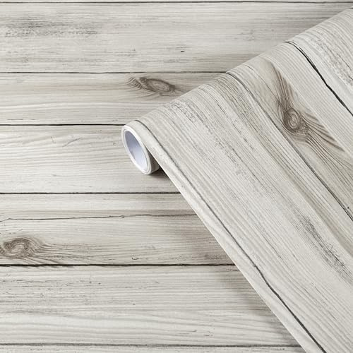 Abyssaly Sticky Back Plastic Wood Effect Vinyl Wrap Self Adhesive Wallpaper Waterproof White Grey Wood Panel Wallpaper Decorative Kitchen Worktop Cabinet Wall 60cm X 500cm