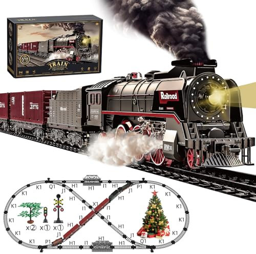 Hitish Train Set for Kids, Electric Train Toys with Realistic Light Sounds Smoke, Christmas Train Model Gifts for Toddlers Boys Girls, Steam Locomotive, Luxury Track & 3 Truck Carriages