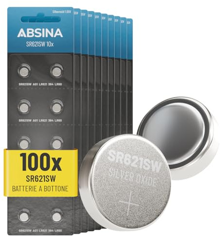 ABSINA SR621SW klockbatteri 1,55 V silveroxid 10 x 10-pack – knappcell SR621SW läckagesäker och lång hållbarhet – batteri SR621SW/LR621/SR621/364/V364/AG1 – SR 621 SW klockknappcell