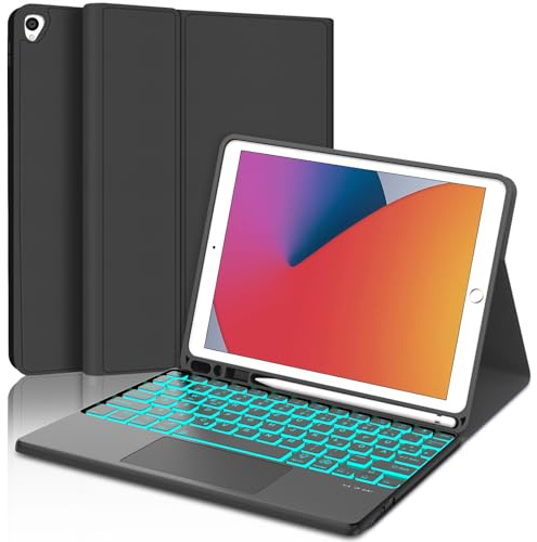 Occtingkind für iPad 10,2 Hülle mit Tastatur + Trackpad & 7-Farben Beleuchtung für iPad 10,2 (7./8./9. Gen 2019/2020/2021), Abnehmbare Bluetooth Schutzhülle, Deutsches QWERTZ, USB-C, Schwarz