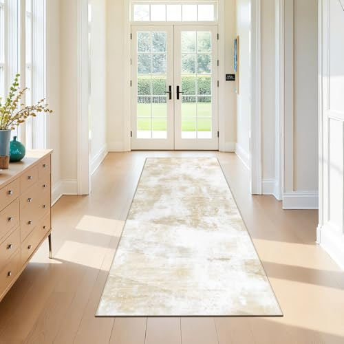 SHACOS Alfombra de Pasillo 80x200cm, Antideslizante Alfombra de Corredor Pelo Corto Moderna Abstracta Alfombra Entrada Interior Larga Suave para Pasillo Cocina Lavandería Habitación, Beige