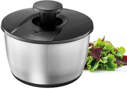 GEFU Centrifugadora de ensalada Push IT de 25 cm de diámetro, cuenco de acero inoxidable de 5 l, mecanismo de empuje y botón de parada, apto para lavavajillas, base de silicona antideslizante