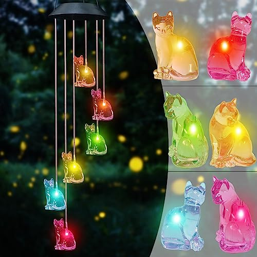 UXORSN Cat Solar Wind Chimes for Garden Mothers Day Birthday Gifts for Women Mum Grandma Color Changing Decorative Lights Waterproof Mobile Hanging Wind Chime for Outdoor Patio Party Yard Garden Decor