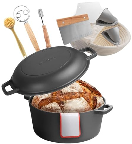 VEVOR Cocotte en fonte 2 en 1, marmite pré-assaisonnée avec couvercle et poignées, 4,73 L, diamètre 26 cm, avec panier de fermentation et accessoires de cuisson du pain, pour four à pain 260 °C, noir