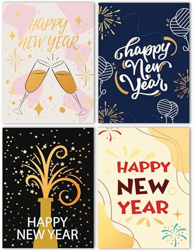 Solihigh 12 Pack New Year Cards 2026 - Gold Foil Happy New Years Cards with White Envelopes for friends and family Holiday Greeting