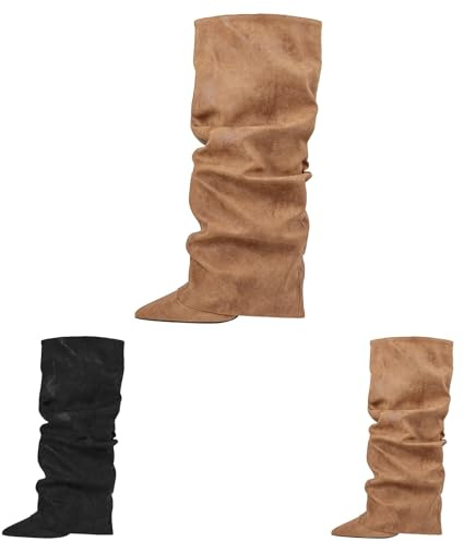 Bottines Femme Bout Pointu, Bottines Femme Plates Hiver, Bottine Slouchy Plissé Botte Décontracté Mollets Larges Bottes Couleur Unie Polyvalent Boot Mollet Haute Chaussure Grande Taille Botte