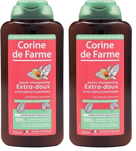 Corine de Farme, Après-Shampooing Extra-Doux au Lait d'Amande 500ml - Soin Hydratant pour Cheveux Délicats, Texture Légère, Brillance et Douceur, Convient à Tout Type de Cheveux (Lot de 2)