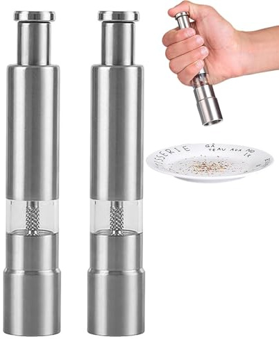 Macinapepe - Macinapepe In Acciaio Inossidabile Con Una Sola Mano | Comodo Mulino Di Macinazione A Pulsante, 2 Pezzi / 1 Macinatore Di Sale Con Pressa Manuale Con Base E Asta, Set Di Strumenti Per Spe
