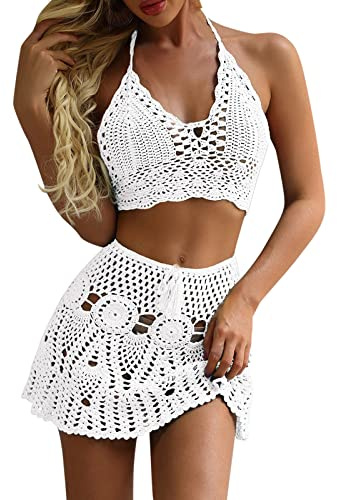 Conjunto de cubierta de bikini de ganchillo para mujer, 2 piezas de top corto halter y minifalda de cintura alta, ropa de playa bohemia ahuecada, traje de baño de verano para fiestas en la piscina
