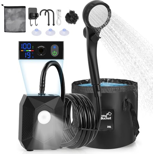 Thalyrnn Ducha portátil para Camping, 6000mAh Bomba de Ducha, 4 Modos de iluminación, Resistencia al Agua IPX8, 5 Modos rociado, Kit con Cubo Plegable 20 L – para Playa, Senderismo, Mascotas y Auto