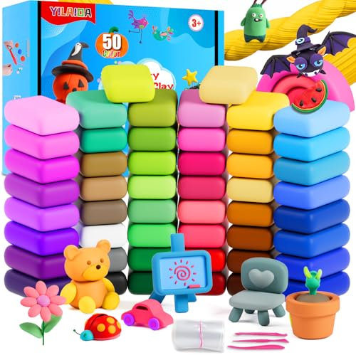 YILAIDA Lufttrockener Ton, 50 Farben Modelliermasse, Ultraleicht Ungiftig, Magisch Lufttrocknend mit Modellierwerkzeugen, Zubehör und Booklet, Kunsthandwerk, Geschenk für Kinder und Anfänger