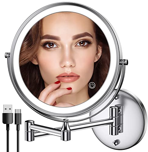Rocollos Rechargeable Wall Mounted Lighted Makeup Mirror Chrome, 8 Inch Double-Sided LED Vanity Mirror 1X/10X Magnification,3 Color Lights Touch Screen Dimmable 360°Swivel 13 Inch Extendable