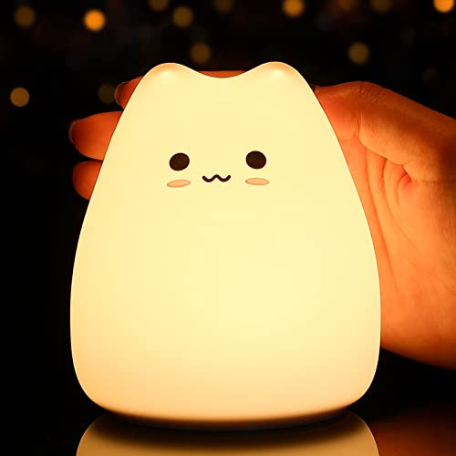 Tremdwoto Veilleuse pour enfants, jolie lampe de nuit alimentée par piles pour chambre d'enfant, veilleuse portable en silicone souple, cadeau d'anniversaire pour filles et garçons (Chat-Batterie)