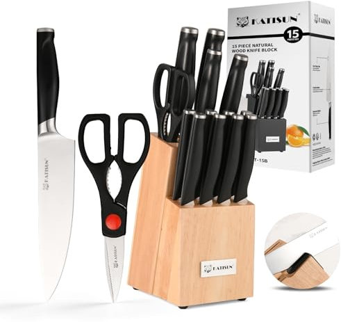 KATISUN 15-Piece Knife Block with Knife, Made of German Steel, Comfortable and Durable Handles, Professional Kitchen Knife Sets Knife Sharpener