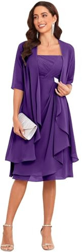 Lot de 2 robes de mère de la mariée en mousseline de soie à manches courtes avec veste, violet, 38
