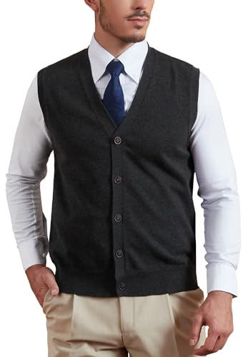 Kallspin Maglione da uomo 100% cotone con scollo a V, senza maniche, con bottoni, cardigan casual elegante, lavorato a maglia, gilet, pullover, Carbone, XXL