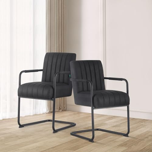 DUBI Möbel Esszimmerstuhl Ben 2er Set, Freischwinger Armlehnenstuhl Polsterstuhl für Küche, Wohnzimmer, Esszimmer Büro, modern Industrial Design, Wildleder Schwarz, 2 Stück, 21106-YU16-2