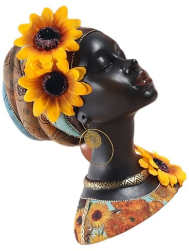 ABOOFAN Afrikanische Kunst Büste Statue Aus Kunstharz Sonnenblume Design Dekorative Figur Einer Afrikanischen Frau Für Schreibtisch Und Heimdekoration Handgefertigte Tribal Dame Skulptur