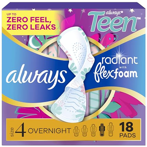 Always Radiant Teen Pads, Size 4, Overnight, with Wings, Unscented, 18 CT