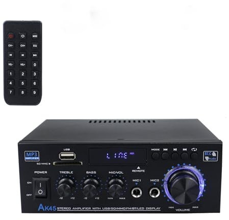 Audio Stereo Amplifiers, 2.0 Channel Speaker Bluetooth Amplifier for Karaoke and Speakers FM Radio with USB/2 MIC/SD/MMC/FM Inputs & LCD Display & Remote Control, Suitable for Home/Car Speaker