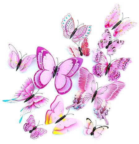 24 Stück Schmetterling Deko, 3D Flügel Schmetterlinge Deko mit Sicherheitsnadeln Brosche, PVC Frühlingsdeko für Schlafzimmer Wohnzimmer Büro Garten Tisch Dekoration (rosa)