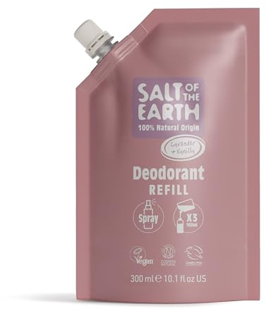 Salt of the Earth – påfyllningspåse för naturlig deodorantspray, 3 användningsområden – lavendel och vanilj – vegansk, långvarigt skydd, leaping-bunnycertifierad, tillverkad i Storbritannien – 30
