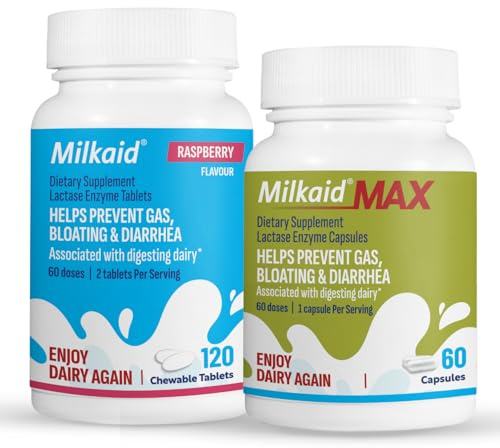 Milkaid Chewable Tablets & Max Capsules Bundle | Lactase Enzyme for Lactose Intolerance | Fast Acting Dairy Digestive Supplement | 120 Chewable Tablets & 60 Capsules