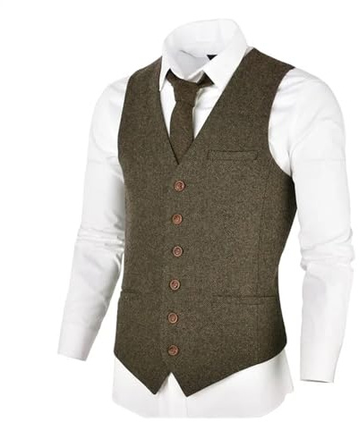 YXINAER Västar för män ull tweed herr väst enkelknäppt fiskben smal passform kostymvästar (khaki, S)