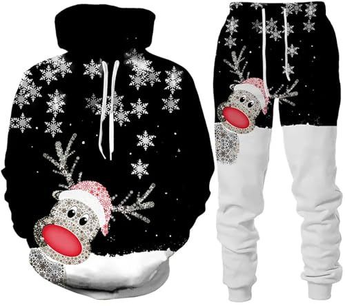 Traje de Navidad para hombre con estampado navideño con capucha y pantalones de sudadera, divertido Papá Noel, pantalones para correr, 2 piezas, formal, Navidad, chaqueta, traje de fiesta para fiestas