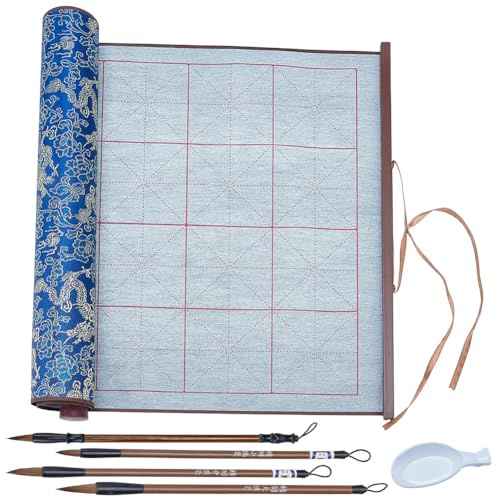 WEBEEDY Rouleau de Calligraphie Réutilisable Sans Encre avec 4 pinceau Chinois et un Plateau en Plastique Kit de Calligraphie Sur Rouleau de Papier à Dessin Magique pour Débutants 6 PCS