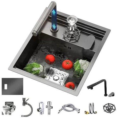 WIQUYBML Lavello da Cucina in Acciaio Inossidabile, lavello da Bar Invisibile a Vasca Singola con Rubinetto Estraibile, salvaspazio, 45 * 38 * 22 cm, di